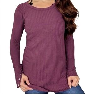 Chaser Waffle Henley Top Long Sleeve Ribbed Women Small Plum Y2K Preppy 90s